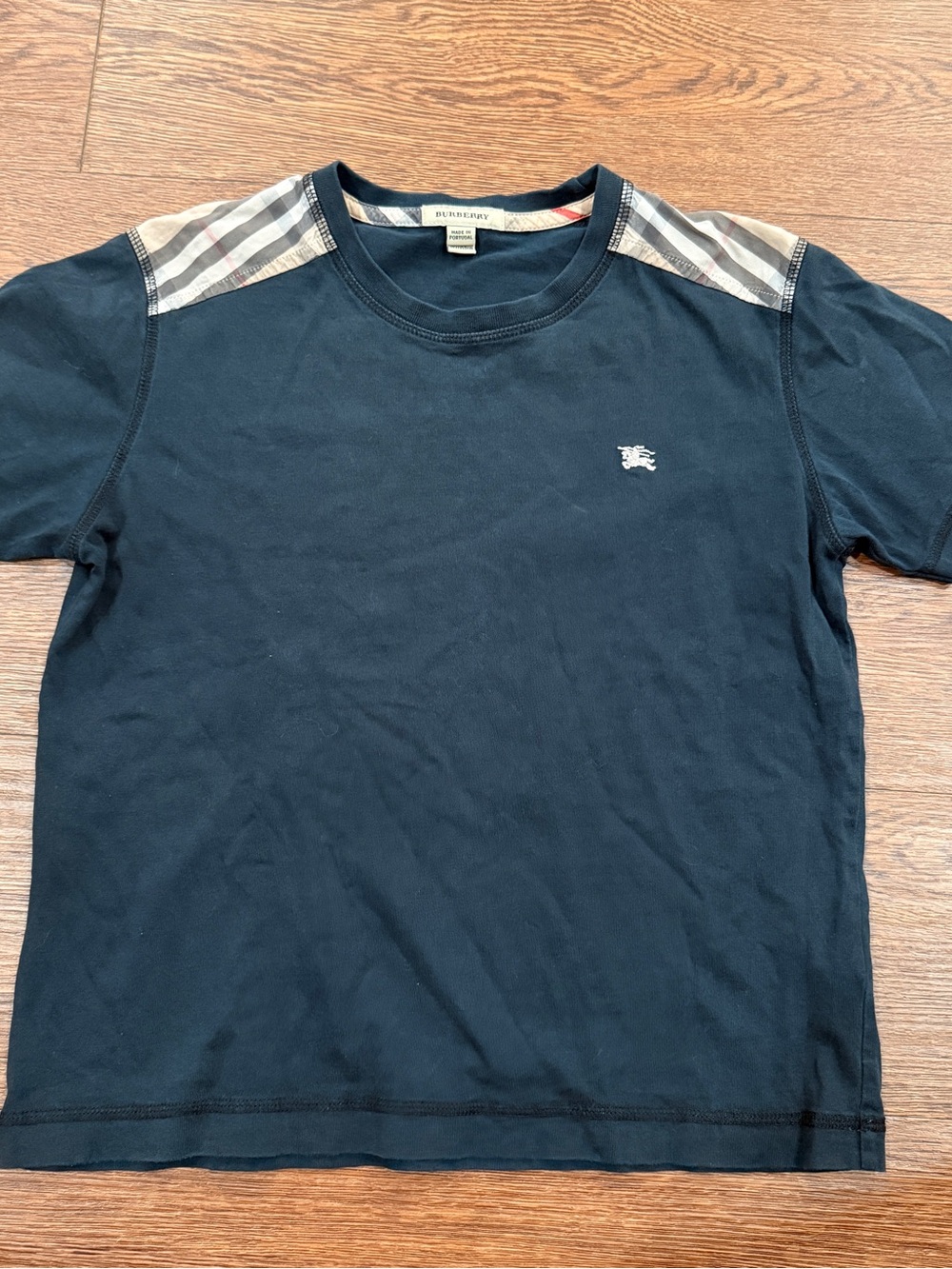 Burberry Navy Short Sleeve Tee with Signature Check Shoulders